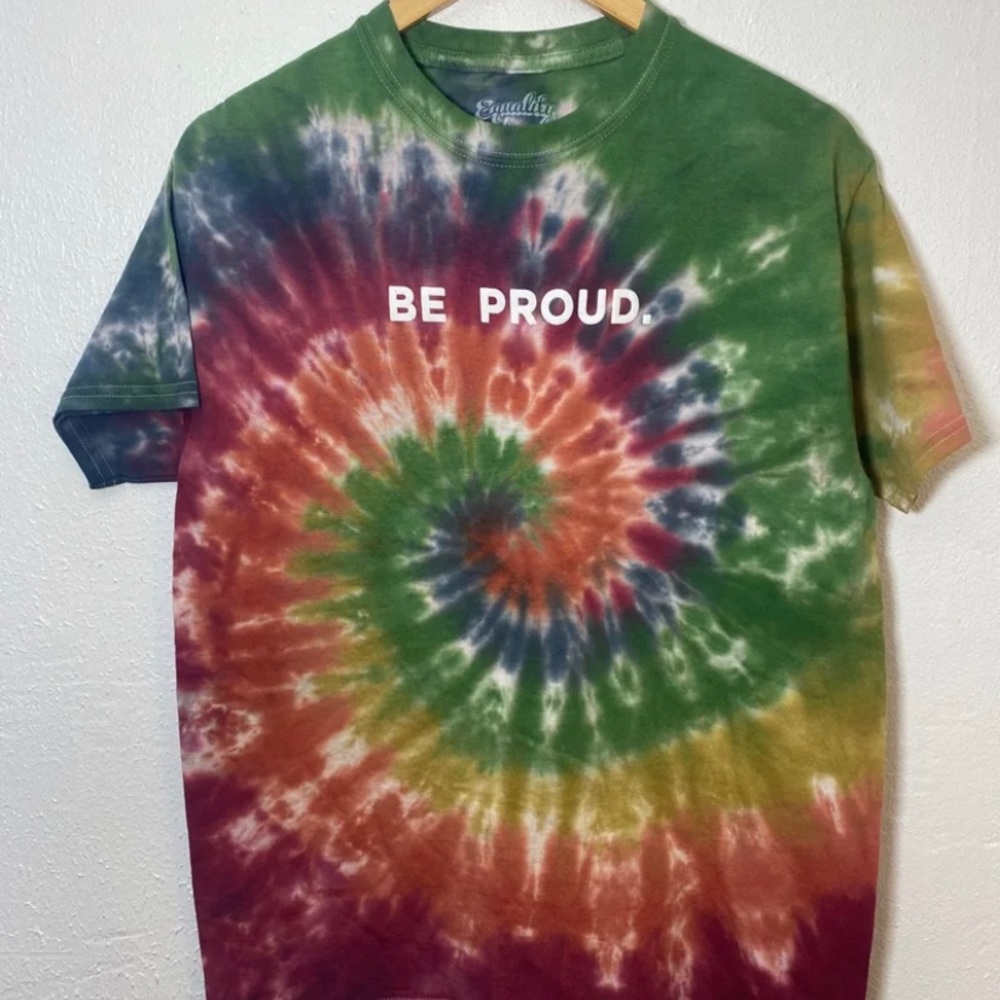 Women's BE PROUD Tie-Dye T-Shirt Size Small Graphic Statement Tee Bright Neon